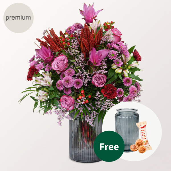 Premium Bouquet Abendsonne with Premium Vase & 3 Ferrero Giotto