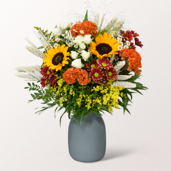 Premiumstrauß Herbstlächeln mit Premiumvase & Ferrero Giotto 3er