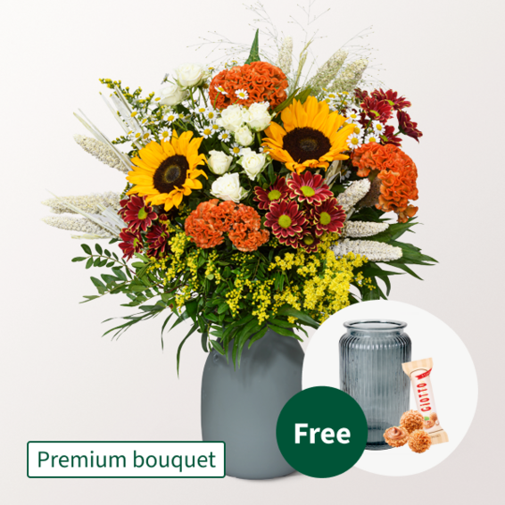 Premium Bouquet Herbstlächeln with Premium Vase & 3 Ferrero Giotto
