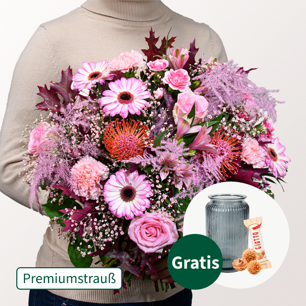 Premiumstrauß Herbstduft mit Premiumvase & Ferrero Giotto 3er