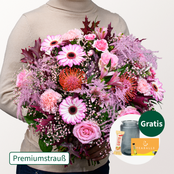 Premiumstrauß Herbstduft mit Premiumvase & Teaballs & Ferrero Giotto 3er
