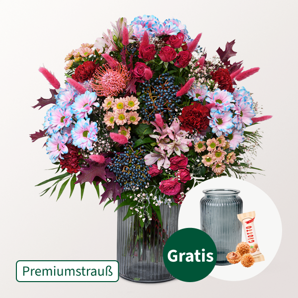 Premiumstrauß Herbstliebe mit Premiumvase & Ferrero Giotto 3er