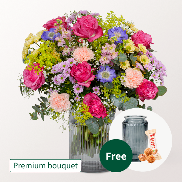 Premium Bouquet for Mother's Day mit Premium Vase & 3 Ferrero Giotto