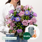 Premiumstrauß Blütenmelodie mit Premiumvase & Ferrero Giotto 3er