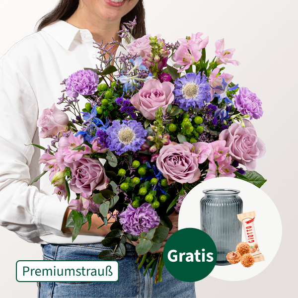 Premiumstrauß Blütenmelodie mit Premiumvase & Ferrero Giotto 3er
