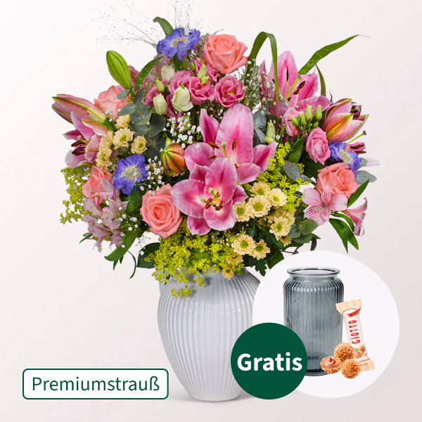 Premiumstrauß Meisterwerk mit Premiumvase & Ferrero Giotto 3er