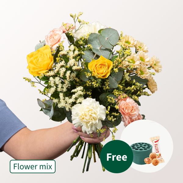 Flower Mix Sonnenglück with Stem Holder & 3 Ferrero Giotto