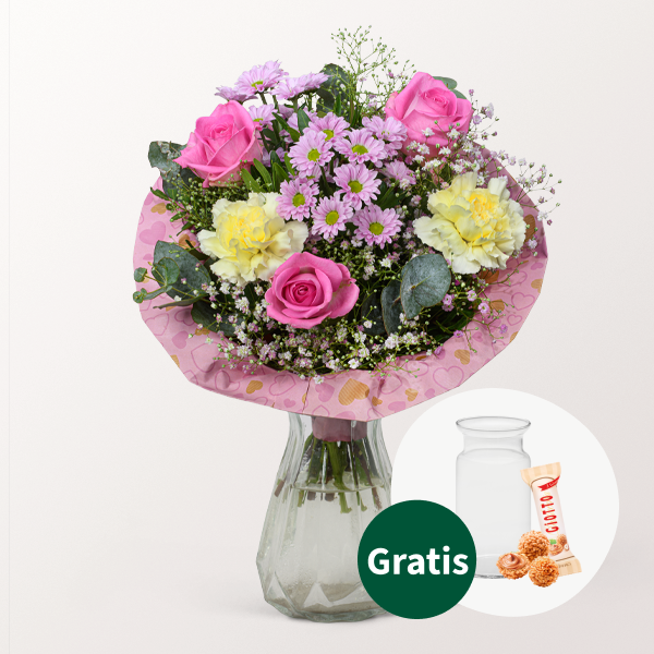 Blumenstrauß Danke Mama mit Vase & Ferrero Giotto 3er