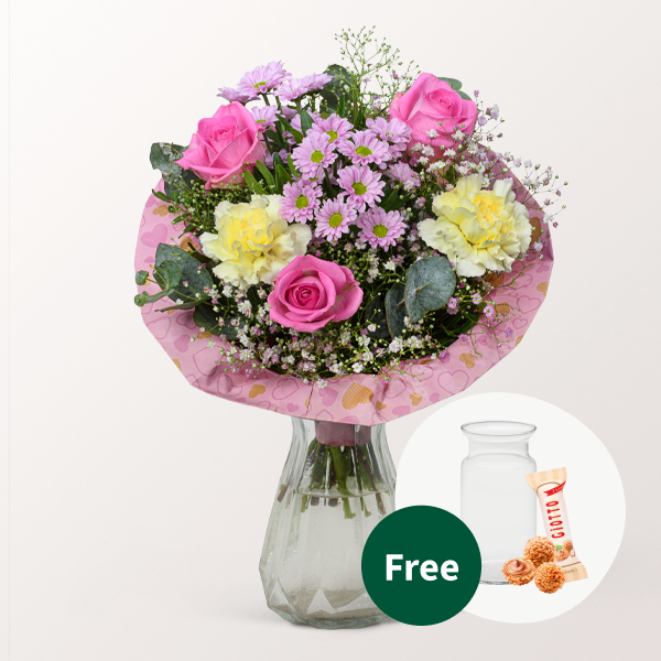 Flower Bouquet Danke Mama with vase & 3 Ferrero Giotto