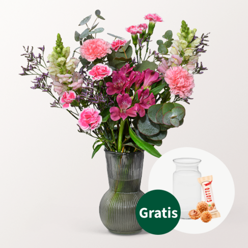 Blumenstrauß Mutterfreude mit Vase & Ferrero Giotto 3er