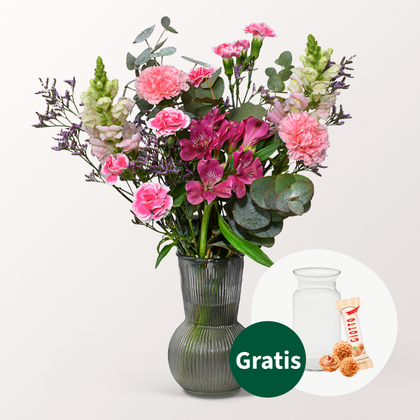 Blumenstrauß Mutterfreude mit Vase & Ferrero Giotto 3er