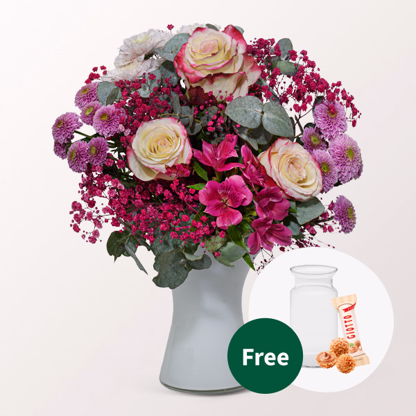 Flower Bouquet Mamas Liebling with vase & 3 Ferrero Giotto