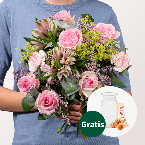 Blumenstrauß Rosengruß mit Vase & Ferrero Giotto 3er