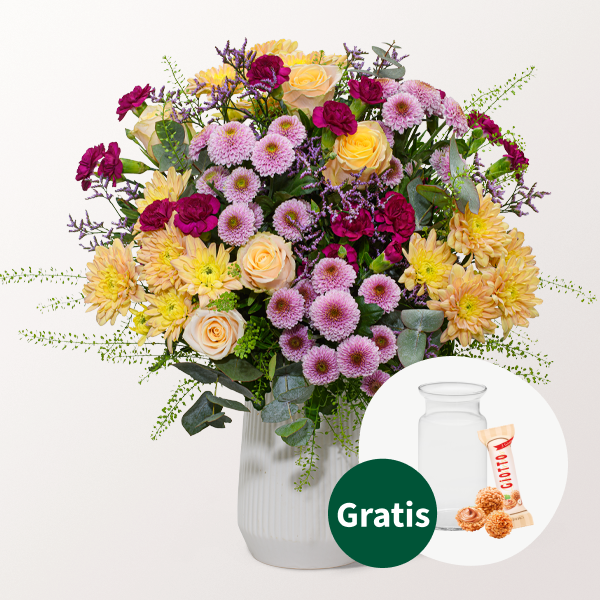 Blumenstrauß Liebevoll mit Vase & Ferrero Giotto 3er