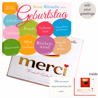 Personal greeting card with Merci: Beste Wünsche zum Geburtstag (250 g)
