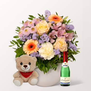 Muttertags-Set mit Blumenstrauß, Teddybär, Sekt sowie mit Vase & Teddy Bär & Rotkäppchen Sekt