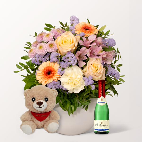 Muttertags-Set mit Blumenstrauß, Teddybär, Sekt sowie mit Vase & Teddy Bär & Rotkäppchen Sekt