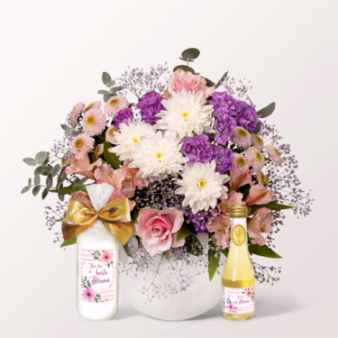 Muttertags-Set mit Blumenstrauß, Kerze, Piccolo sowie mit Kerze & Piccolo