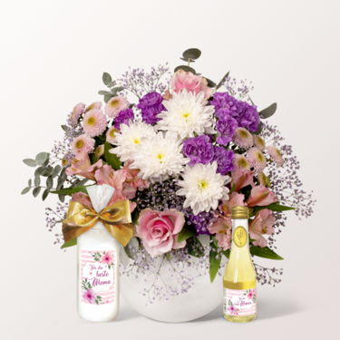 Muttertags-Set mit Blumenstrauß, Kerze, Piccolo sowie mit Kerze & Piccolo