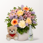 Muttertags-Set mit Blumenstrauß, mit Vase & Teddy Bär & Wein-Cocktail