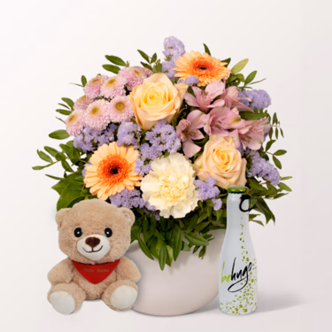 Mother's Day Set with Flower Bouquet, with vase & Teddy Bear & Wine Cocktail