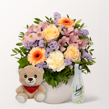 Muttertags-Set mit Blumenstrauß, mit Vase & Teddy Bär & Wein-Cocktail