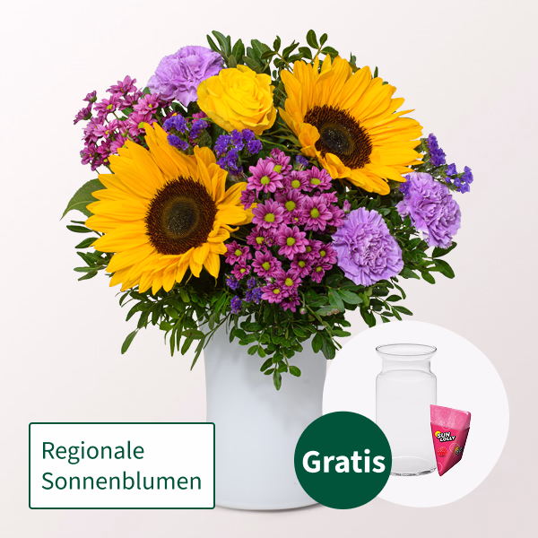Blumenstrauß Farbenfroh mit SunLolly Himbeere & Vase