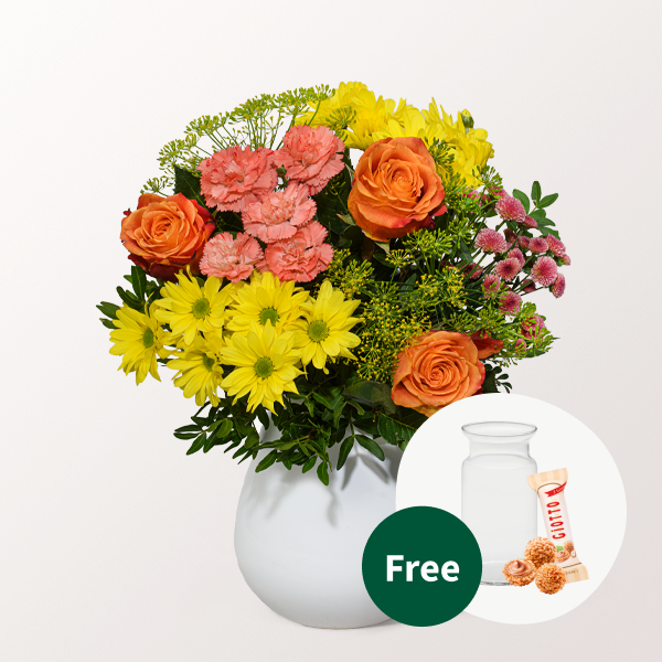 Flower Bouquet Sonnenfreude with vase & 3 Ferrero Giotto