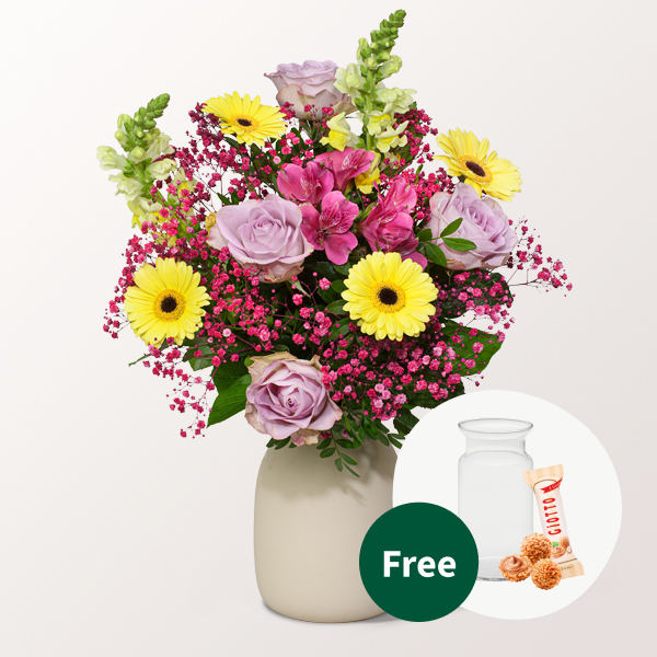 Flower Bouquet Sommerfreude with vase & 3 Ferrero Giotto
