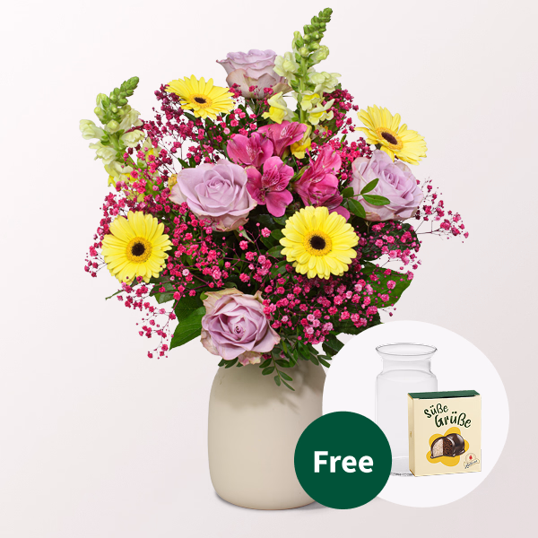 Flower Bouquet Sommerfreude with Halloren Balls & vase