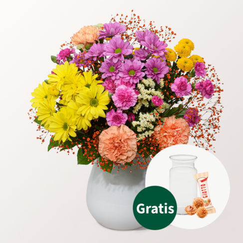 Blumenstrauß Sommergarten mit Vase & Ferrero Giotto 3er