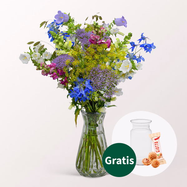 Blumenstrauß Sommerglück mit Vase & Ferrero Giotto 3er