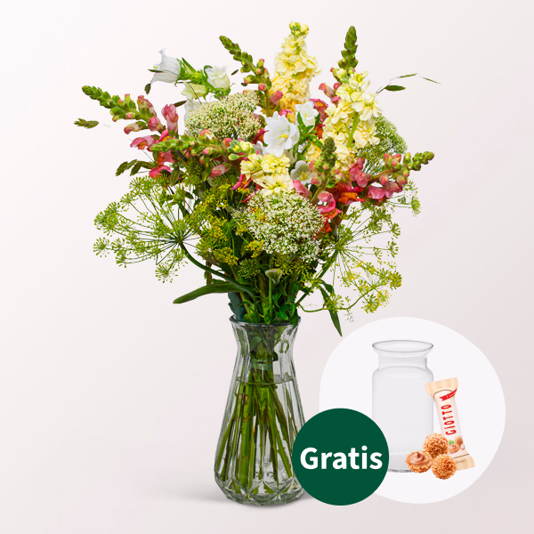 Blumenstrauß Sommertanz mit Vase & Ferrero Giotto 3er