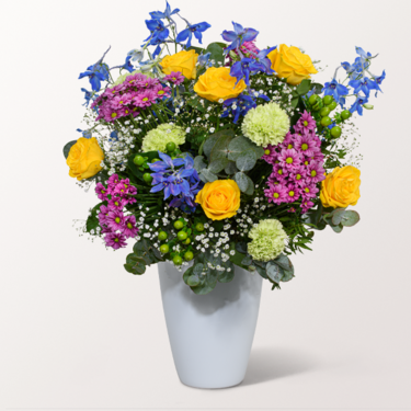Premiumstrauß Farbspiel mit Premiumvase & Ferrero Giotto 3er Premiumstrauß Farbspiel mit Premiumvase & Ferrero Giotto 3er