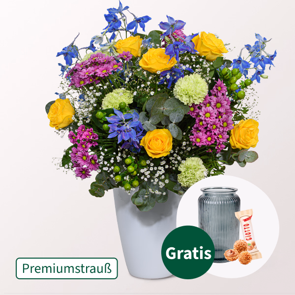 Premiumstrauß Farbspiel mit Premiumvase & Ferrero Giotto 3er