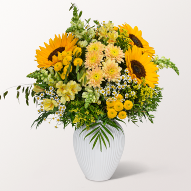 Premiumstrauß Sommerglühen mit Premiumvase & Ferrero Giotto 3er Premiumstrauß Sommerglühen mit Premiumvase & Ferrero Giotto 3er