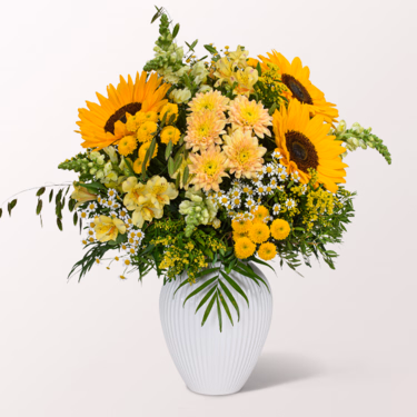 Premiumstrauß Sommerglühen mit Premiumvase & Ferrero Giotto 3er