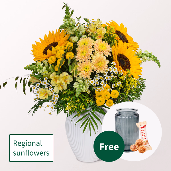 Premium Bouquet Sommerglühen mit Premium Vase & 3 Ferrero Giotto
