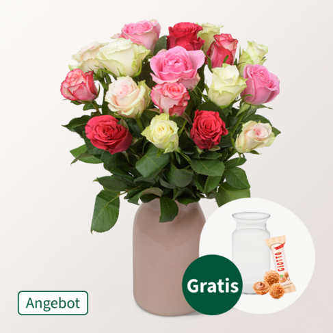 17 pastellfarbene Angebots-Rosen im Bund mit Vase & Ferrero Giotto 3er