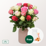 17 pastel coloured roses in a bunch with vase & 3 Ferrero Giotto