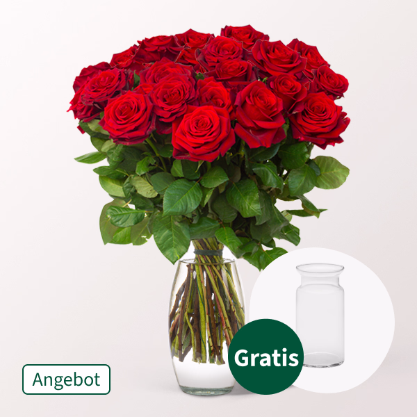 20 rote Rosen im Bund mit Vase