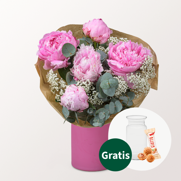 Pfingstrosen-Strauß Herzflüstern mit Vase & Ferrero Giotto 3er