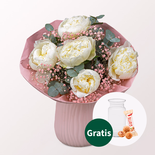Pfingstrosen-Strauß Peony Power mit Vase & Ferrero Giotto