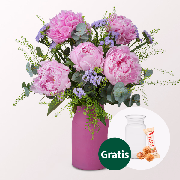 Pfingstrosen-Strauß Blütenherz mit Vase & Ferrero Giotto