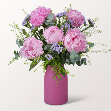Pfingstrosen-Strauß Blütenherz mit Vase & Ferrero Giotto 3er Pfingstrosen-Strauß Blütenherz mit Vase & Ferrero Giotto 3er