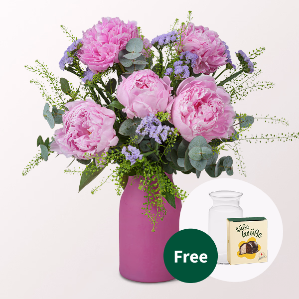 Peonie Bouquet Blütenherz with Halloren Balls & vase