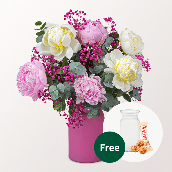 Peonie Bouquet Rosenflair with vase & 3 Ferrero Giotto
