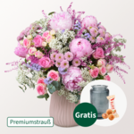 Premiumstrauß Blütenzauber mit Premiumvase & Ferrero Giotto 3er