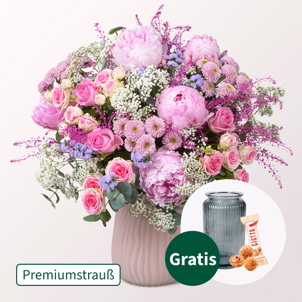 Premiumstrauß Blütenzauber mit Premiumvase & Ferrero Giotto