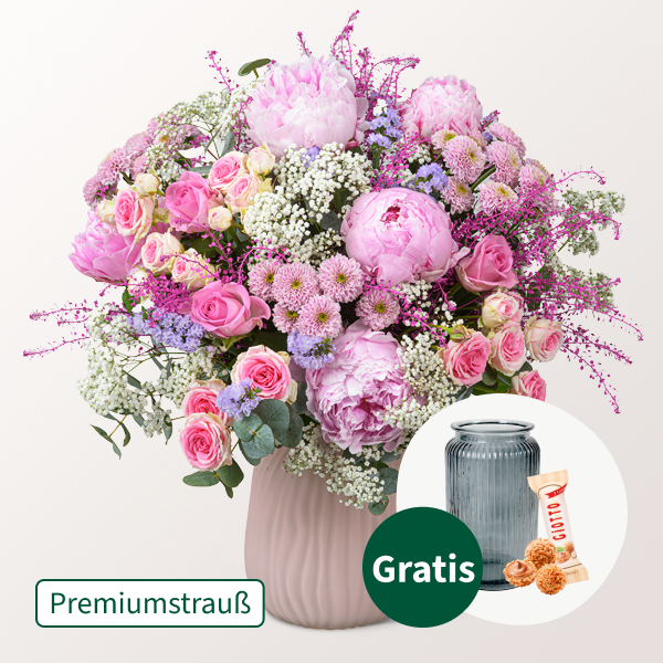 Premiumstrauß Blütenzauber mit Premiumvase & Ferrero Giotto 3er